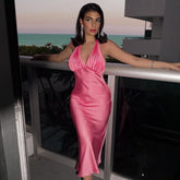 Vestido midi de cintura alta, tipo tirantes, sin mangas, escote en V, vestido de un solo paso plisado